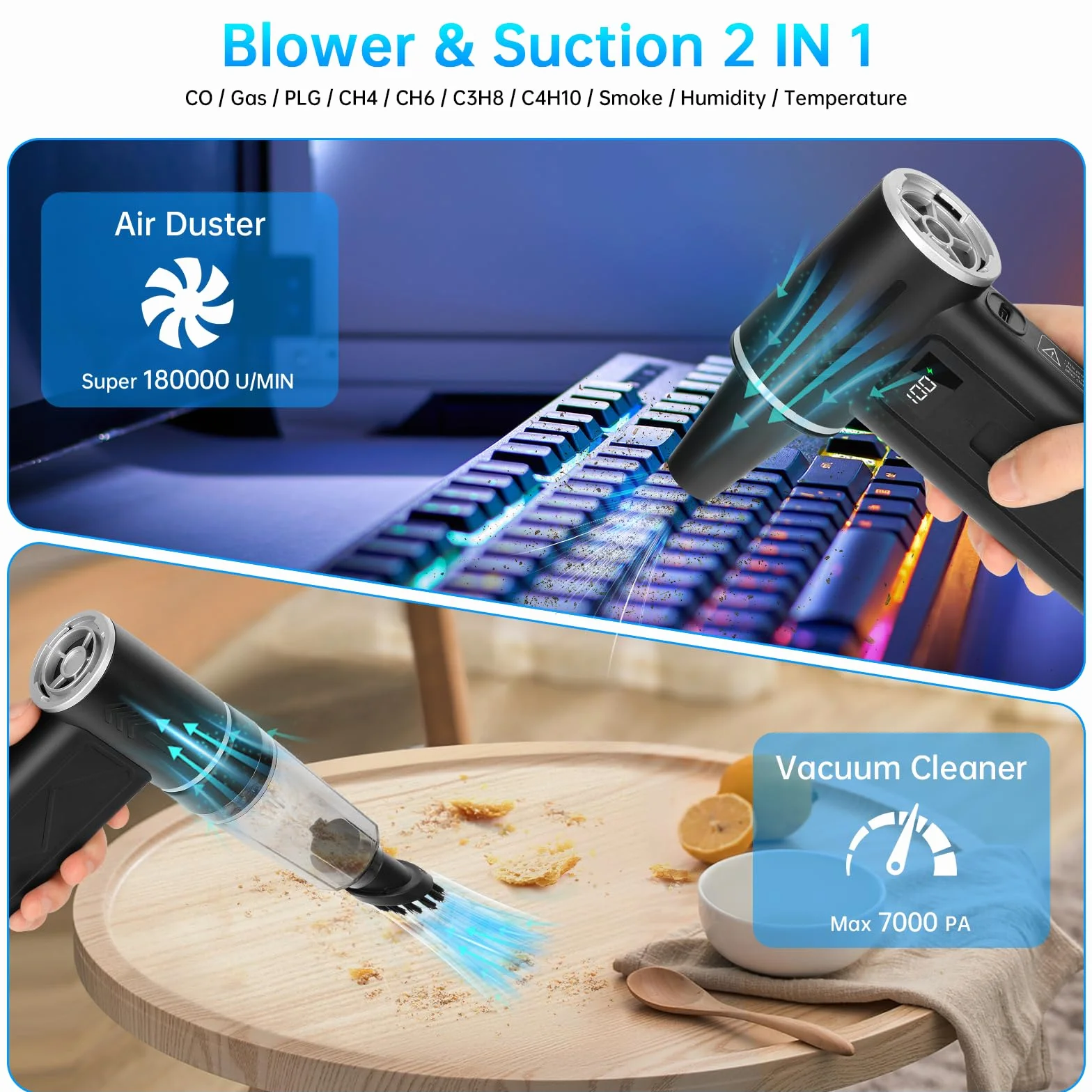 Soplador de Aire Comprimido 2 en 1 Soplador de Polvo Eléctrico y Aspirador 180000 RPM, Batería 8000mAh, 100 Niveles de Velocidad, Pantalla Digital, Limpieza de PC, Teclado y Coche, USB-C (Negro)