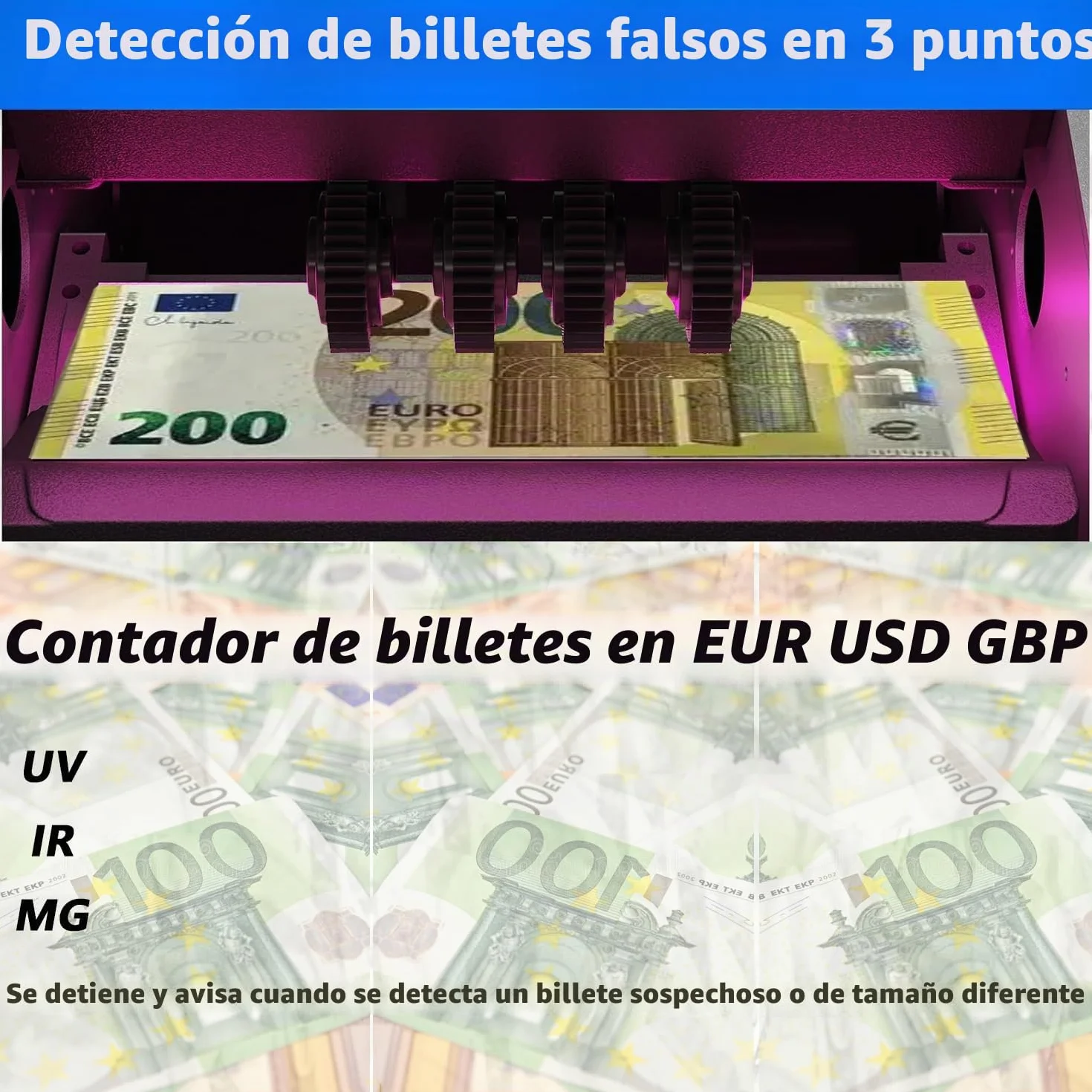 NX270 Contador de Billetes Máquina Contadora de Efectivo en Euro y USD y GBP con LCD Grande y Pantalla Externa para Pequeñas Empresas, No cuenta montos mixtos
