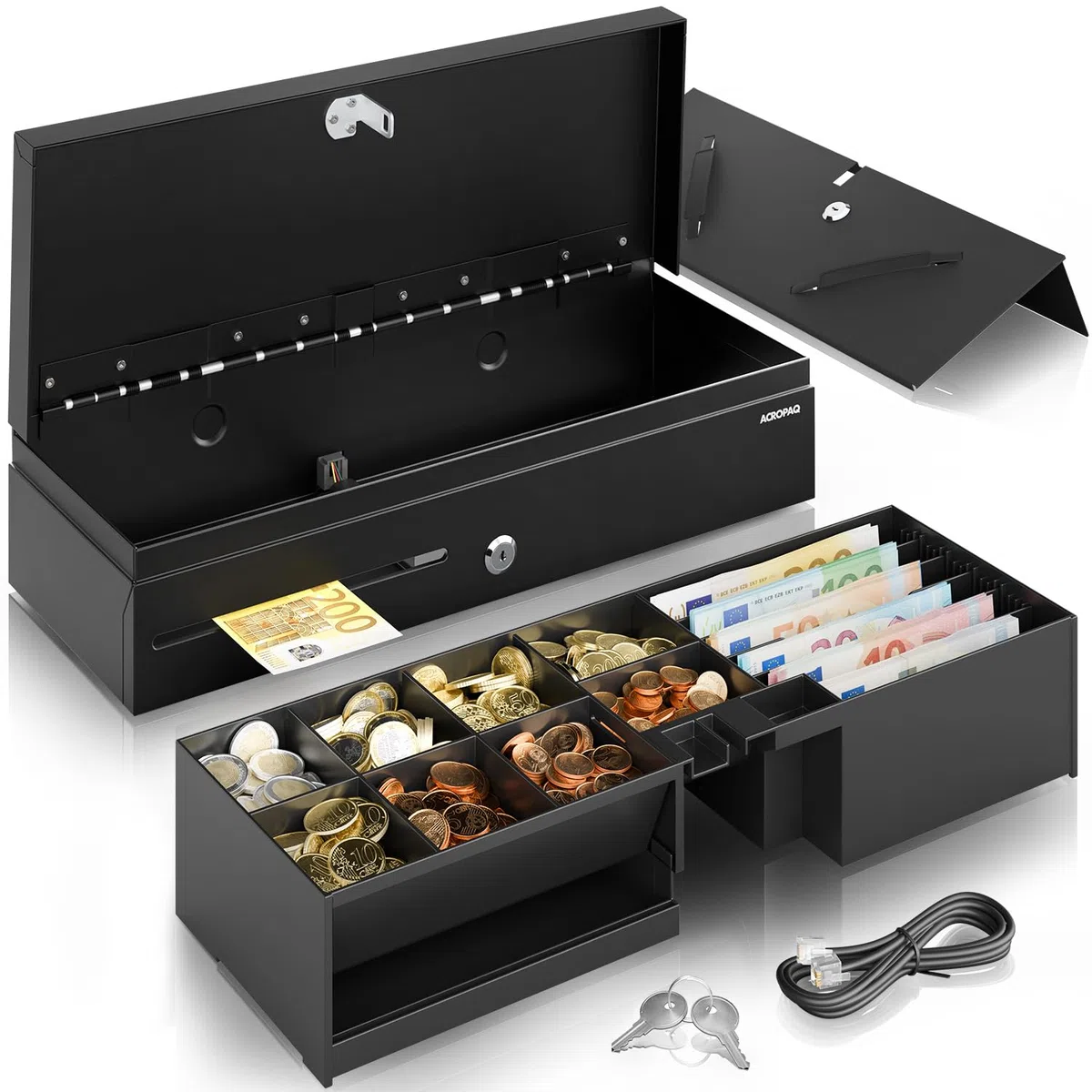 ACROPAQ Cajón portamonedas Fliptop - Compatible con caja registradora RJ11, 6 compartimentos monedas y 8 billetes, (46 x 18 x 10 cm) Carcasa de metal resistente, Inserto extraíble