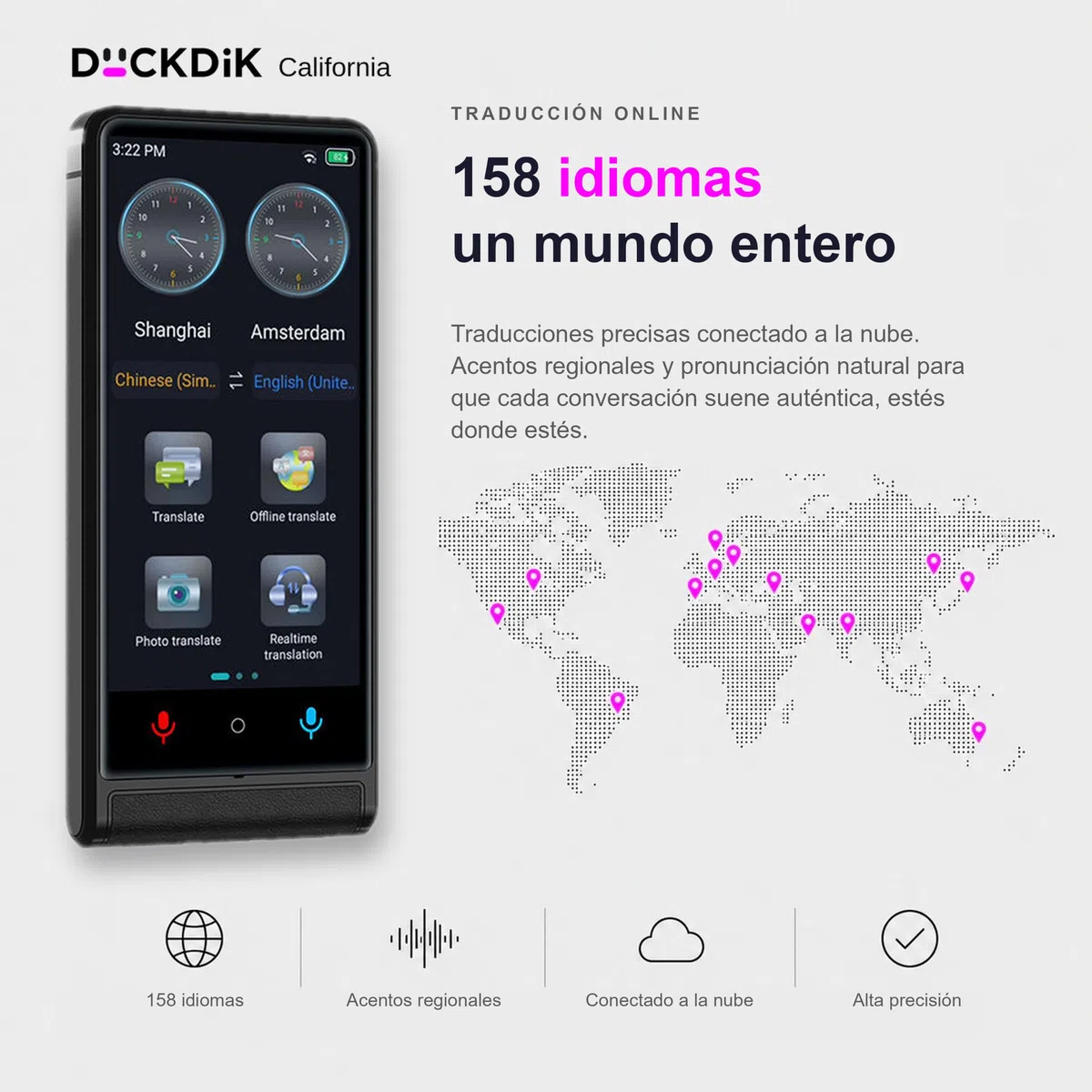 California, Traductor de Idiomas Instantáneo de Voz 2026 + App Traducción Offline Incluida de por Vida (Valor 120€/año) — 142 Idiomas Online, 22 Offline + 59 en App, Pantalla Táctil 4", IA