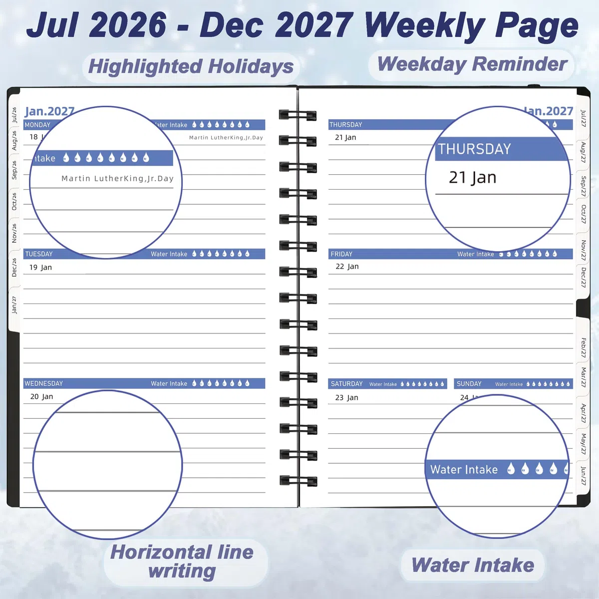 Agenda semanal y mensual 2026-2027, 2026, de julio de 2026 a diciembre de 2027, agenda de 18 meses con pestañas, tamaño A5, color negro