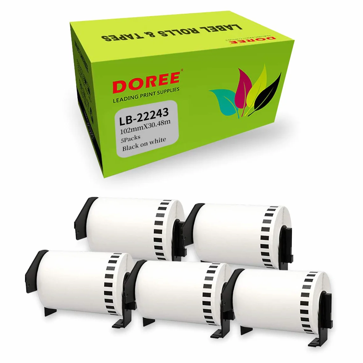 Doree 5 Rollos DK-22243 Etiquetas Continuas, compatibles con Brother DK-22243, 102mm × 30,48m, blanco y negro, Para las impresoras de etiquetas Brother QL-500, QL-550, QL-570, QL-700, QL-800