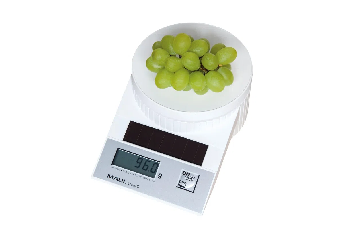 MAUL Báscula para cartas MAULtronic S digital solar blanca 2 kg | precisión para oficina, tara y hold cómodos, pantalla LCD inclinada, carcasa resistente, apagado automático
