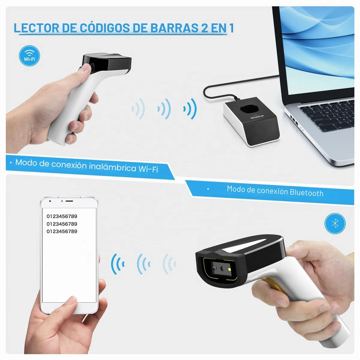 NetumScan Escáner automático de códigos 1D/2D y QR inalámbrico Bluetooth/Wi-Fi, TCP/UDP para gestión de inventario POS, compatible con computadora, tableta, iOS