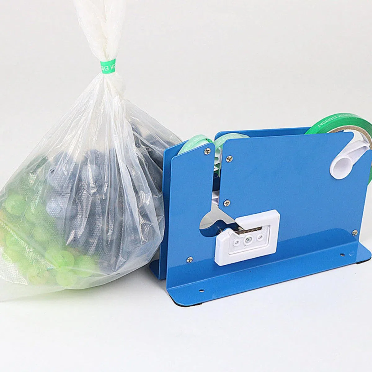 Gadpiparty Cortador de Cinta Adhesiva 12 Mm Dispensador Azul 8 Rollos de Cinta Adhesiva Roja y Azul para Sellado de Bolsas, Máquina Selladora Manual para Embalaje y Oficina