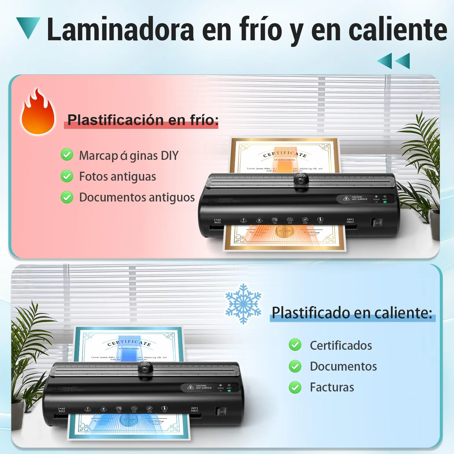 Plastificadora A4 Laminadora con 50 Bolsas Plastificación Frío Caliente Almacenamiento Recortadora Perforadora