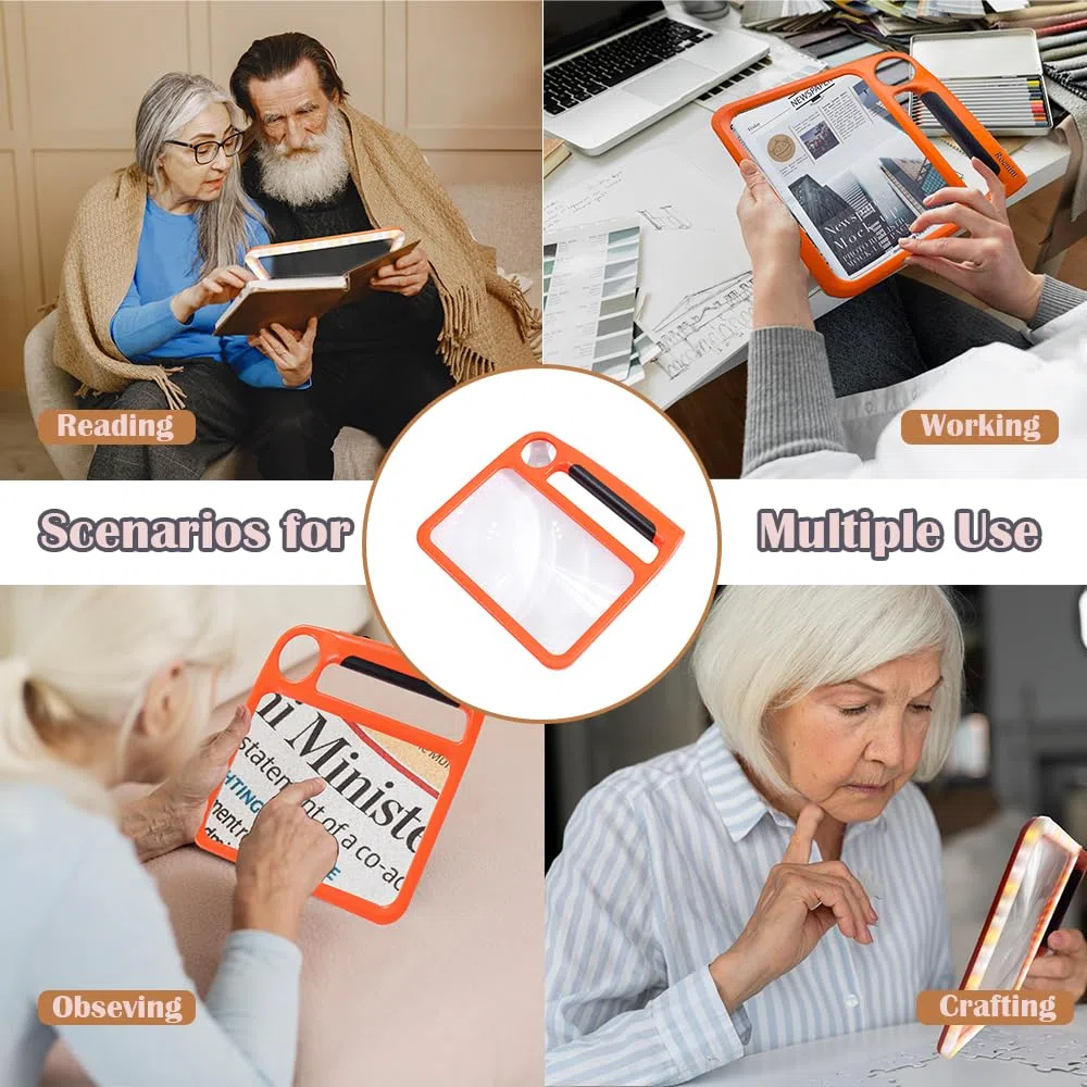 Lupa de página completa de 5 x 10 aumentos para leer, recargable con 48 luces LED ajustables y 3 modos de luz, agarre cómodo y lupa de mano ligera para personas mayores, ayuda de lectura, baja
