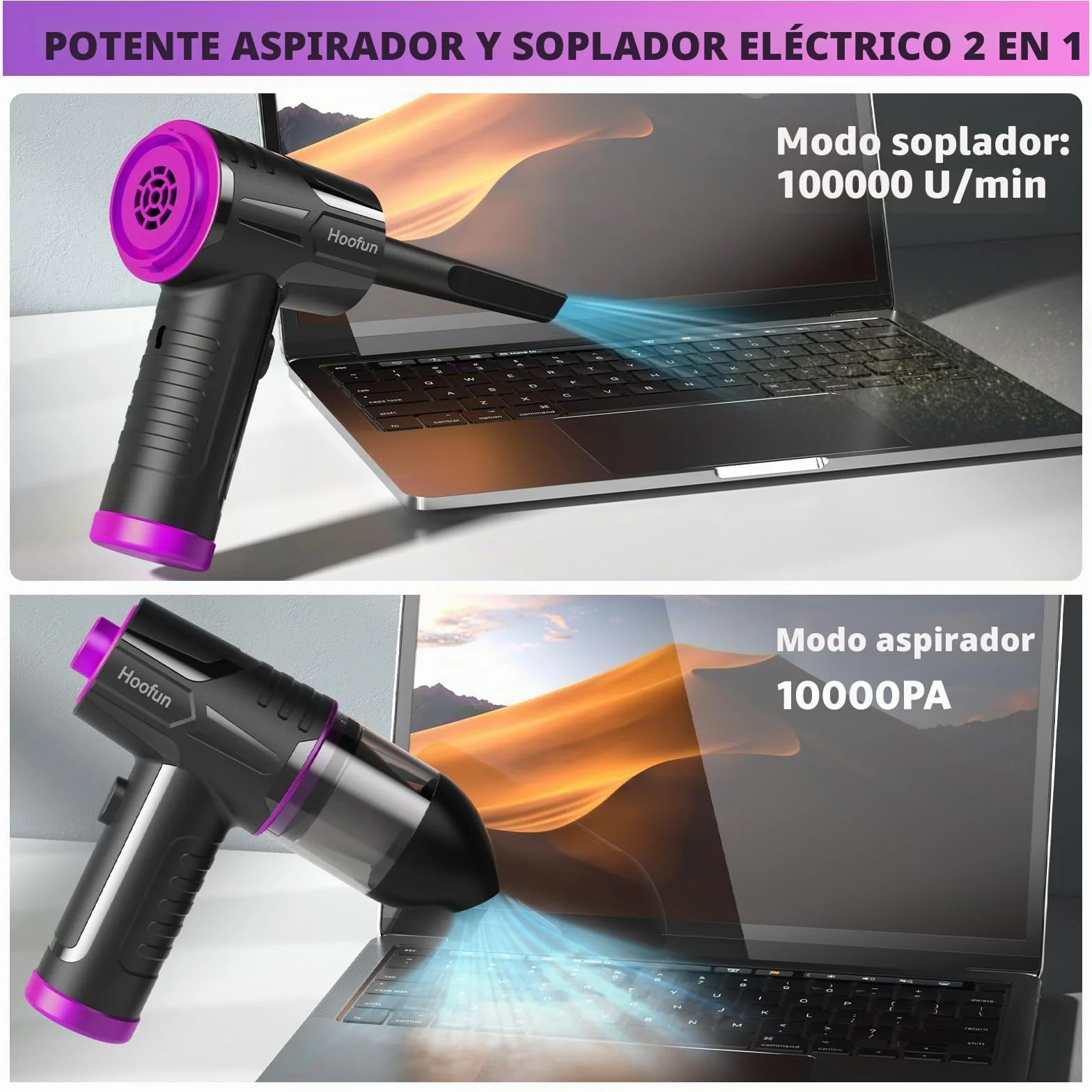 Hoofun Soplador de Polvo Eléctrico y Aspirador 2 en 1, 100000 RPM, 10Kpa Soplador Aspirador Portatil, 3 Velocidades Soplador Aire Comprimido Sin Cable con LED para PC, Sofá, Coches, Hogar 7600 m Ah