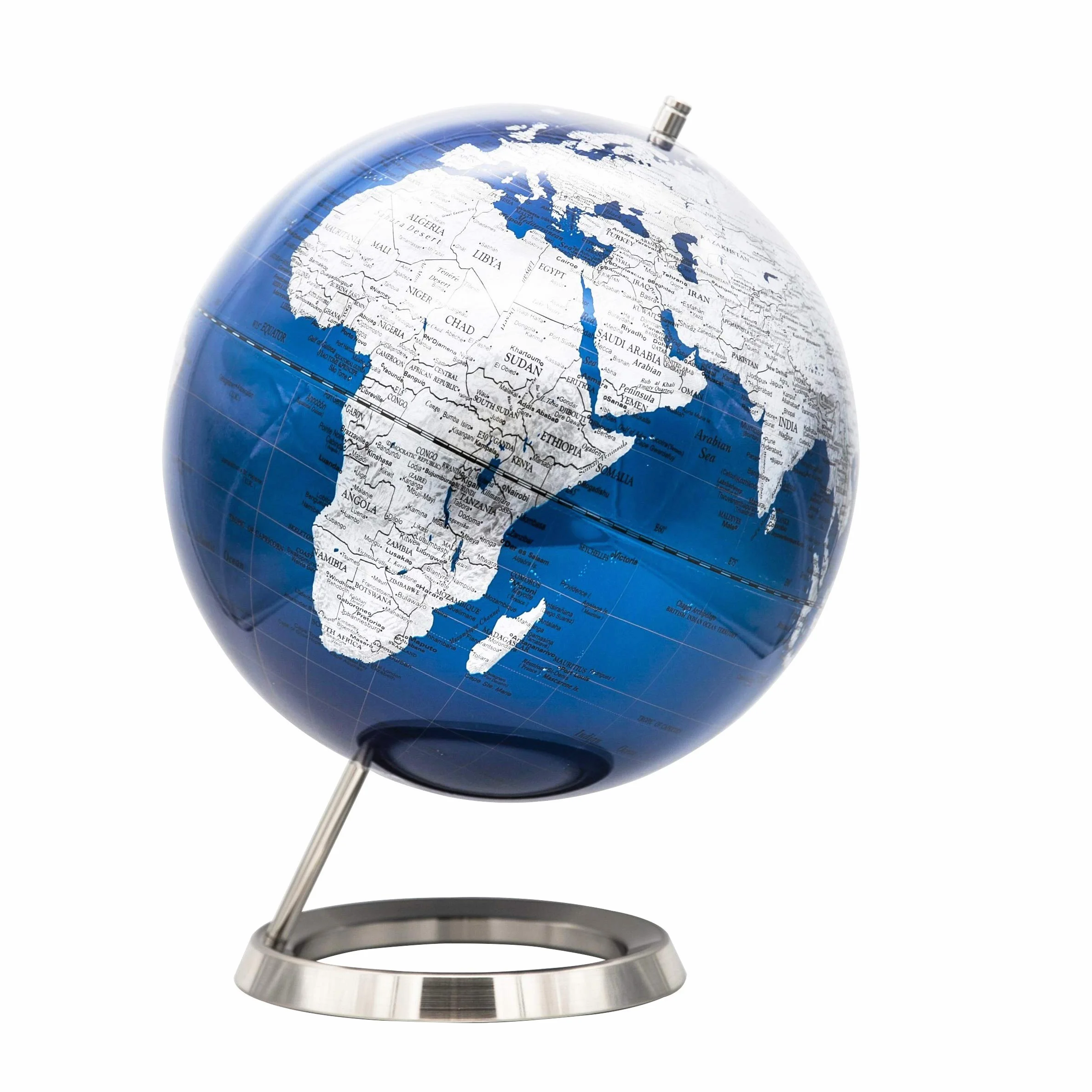 EXERZ 30CM Globo En Azul Plateado con una base de acero inoxidable - en Inglés - Empaquetado En Caja Kraft De Primera Calidad, Ideal como Regalo - Azúl metálico