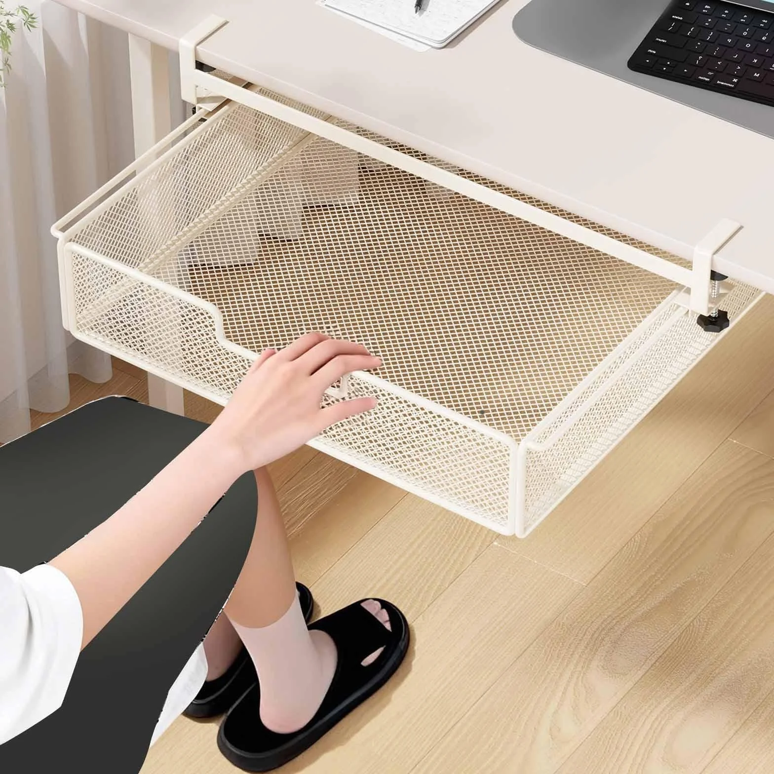 Cajón Bajo Mesa Organizador Estante Colgante Metálico Diseño Deslizante Capacidad Ampliada Adecuado para Oficina Cocina Habitación Armario Despensa Es, White L