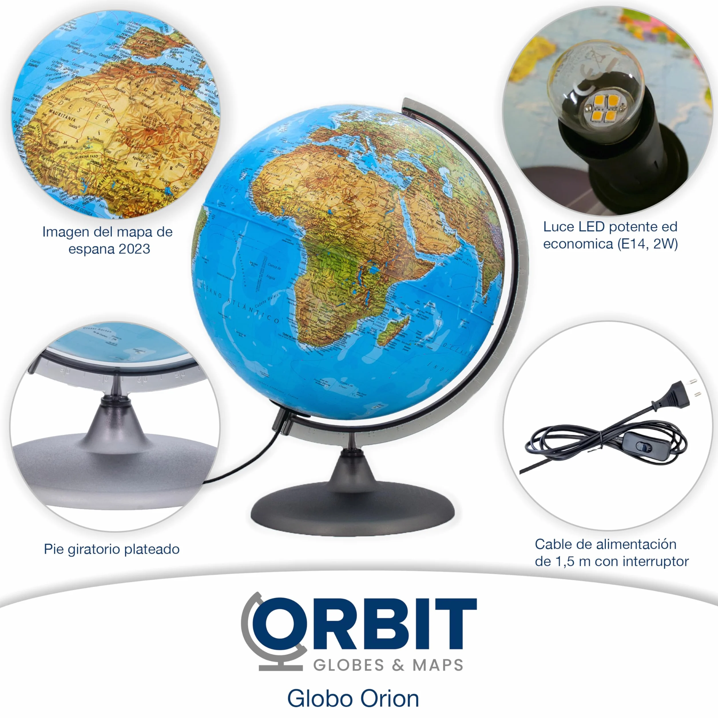 ORBIT GLOBES & MAPS - Globo terráqueo iluminado - globo terráqueo de 30 cm con base estable, imagen del mapa físico/político 2023 con luz LED, imagen del mapa espana actual