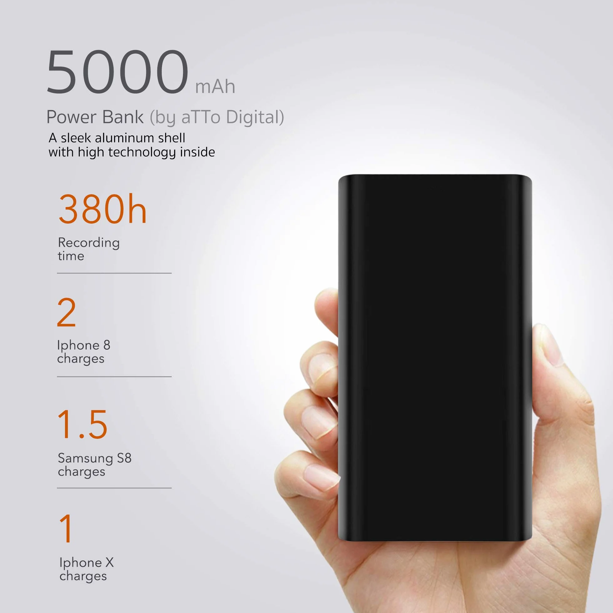 64GB Grabadora Profesional - Activación por Voz - Tiempo de Funcionamiento de 18 días - Grosor de 11 mm - Función de Cargador de teléfono con Banco de energía - PoweREC de Atto Digital