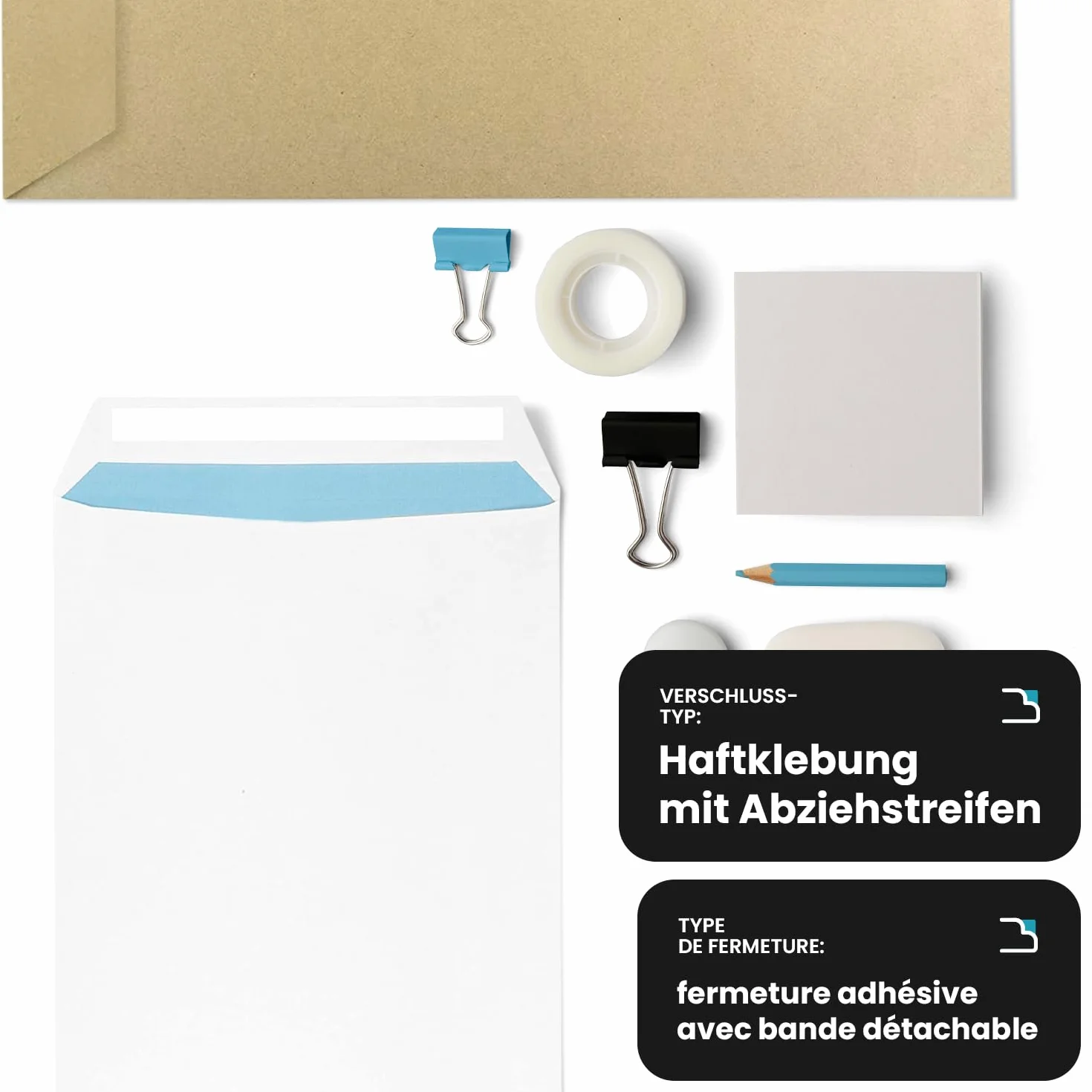 Netuno 500 sobres blanco C5 163 x 229 mm 90 g papel con impresión interior azul sin ventana solapa recta cierre autoadhesivo para A5