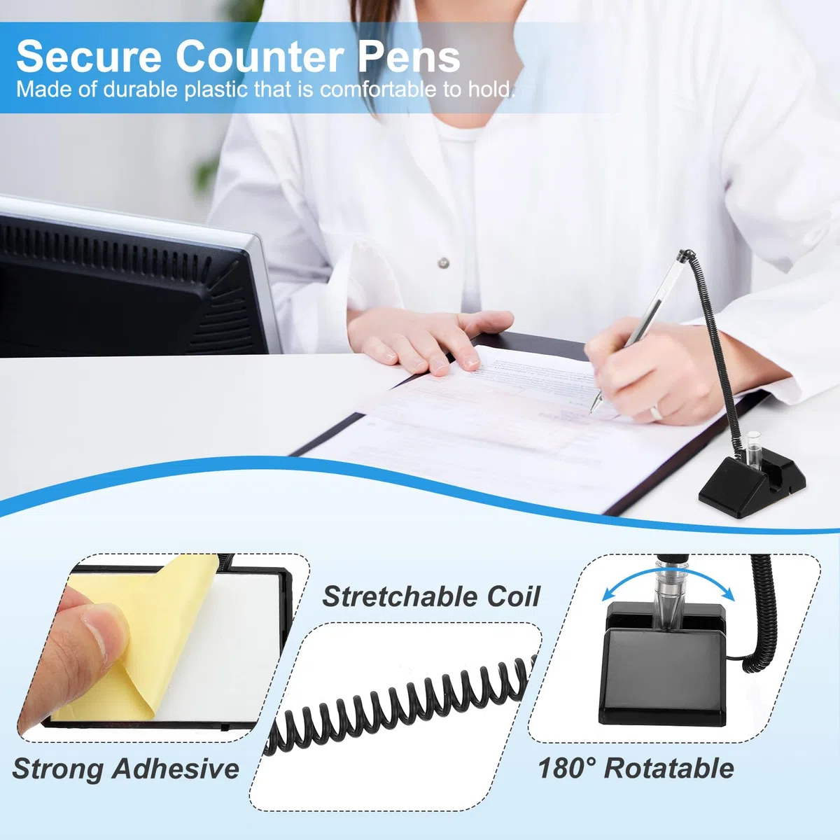 PATIKIL 9 Pcs Bolígrafo Seguro Con Cadena Adhesiva Y Soporte Para Bolígrafo, Bolígrafos De Recepción Para Escritorio Recambios De Tinta Negra Para Suministros, Negro