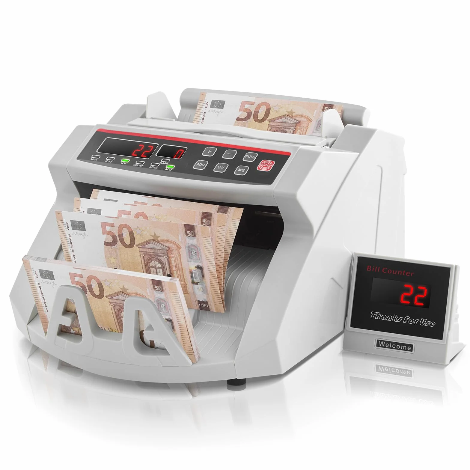 VEVOR Contador de billetes de dinero con pantalla LED contador de billetes profesional con detector de billetes falsos, UV/MG, 1000 billetes/minuto, solo cuenta el número de hojas