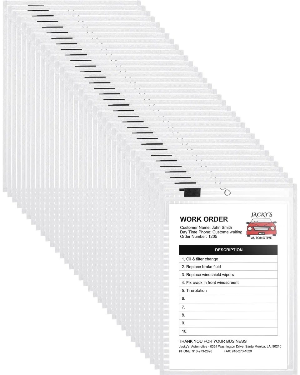 Nezyo 50 bolsillos de plástico de borrado en seco, soportes para boletos de trabajo, bolsillos para pedidos de tiendas, fundas transparentes para boletos, fundas de plástico para suministros de