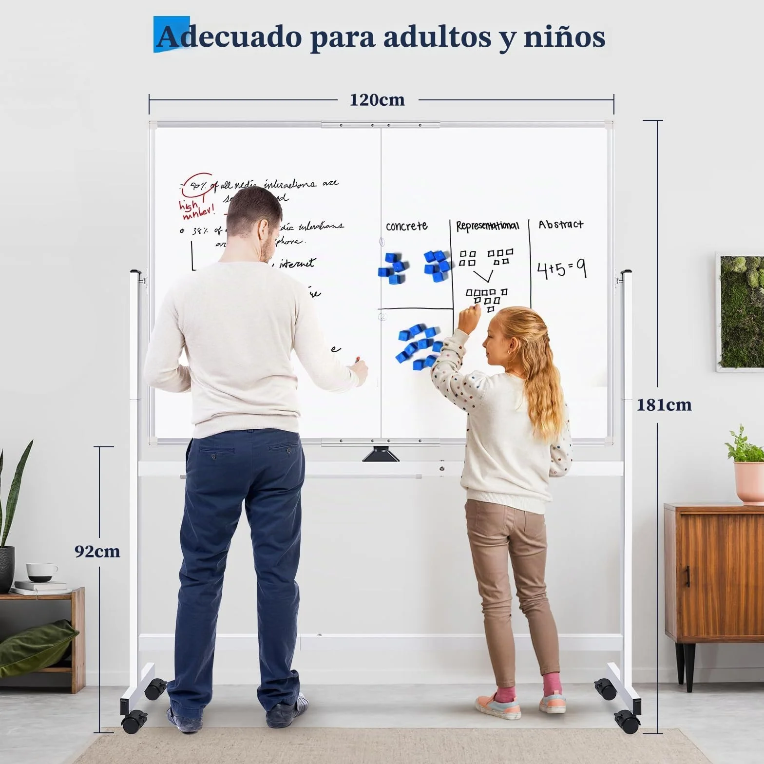 Maxtek Pizarra Blanca con Ruedas 120x90 cm Doble Cara Marco Aluminio Magnética Móvil