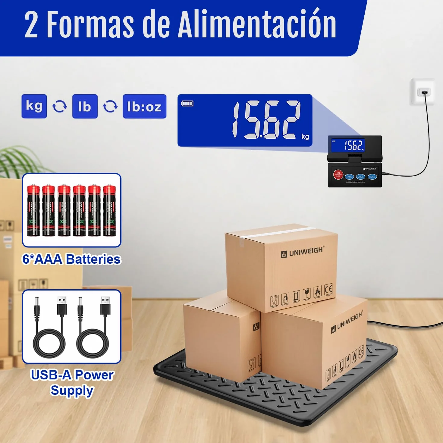 UNIWEIGH Báscula digital para paquetes 10 g precisión pantalla LCD retroiluminada plataforma acero aleado USB/batería tara Hold Auto-Off