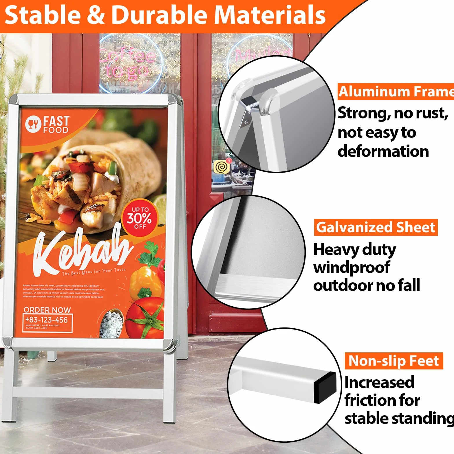 DIN A1 Tope para clientes exterior, resistente a la intemperie, soporte de doble cara, incluye protector de pantalla, soporte para publicidad y ferias (A1, plata)