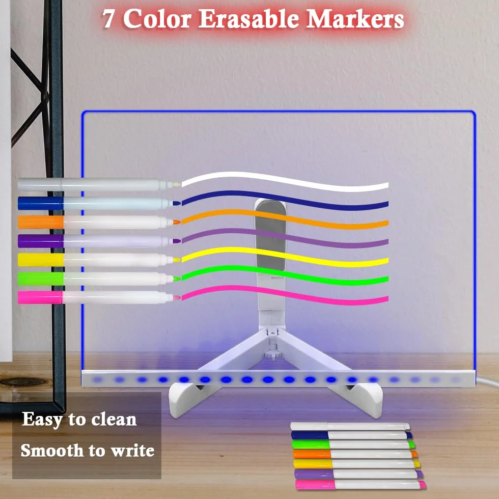 Tablero de mensajes acrílico transparente para escritura a mano, 11.81 x 7.95 pulgadas, 7 colores cambiantes, luz nocturna con control remoto, USB, pizarra blanca brillante con soporte plegable