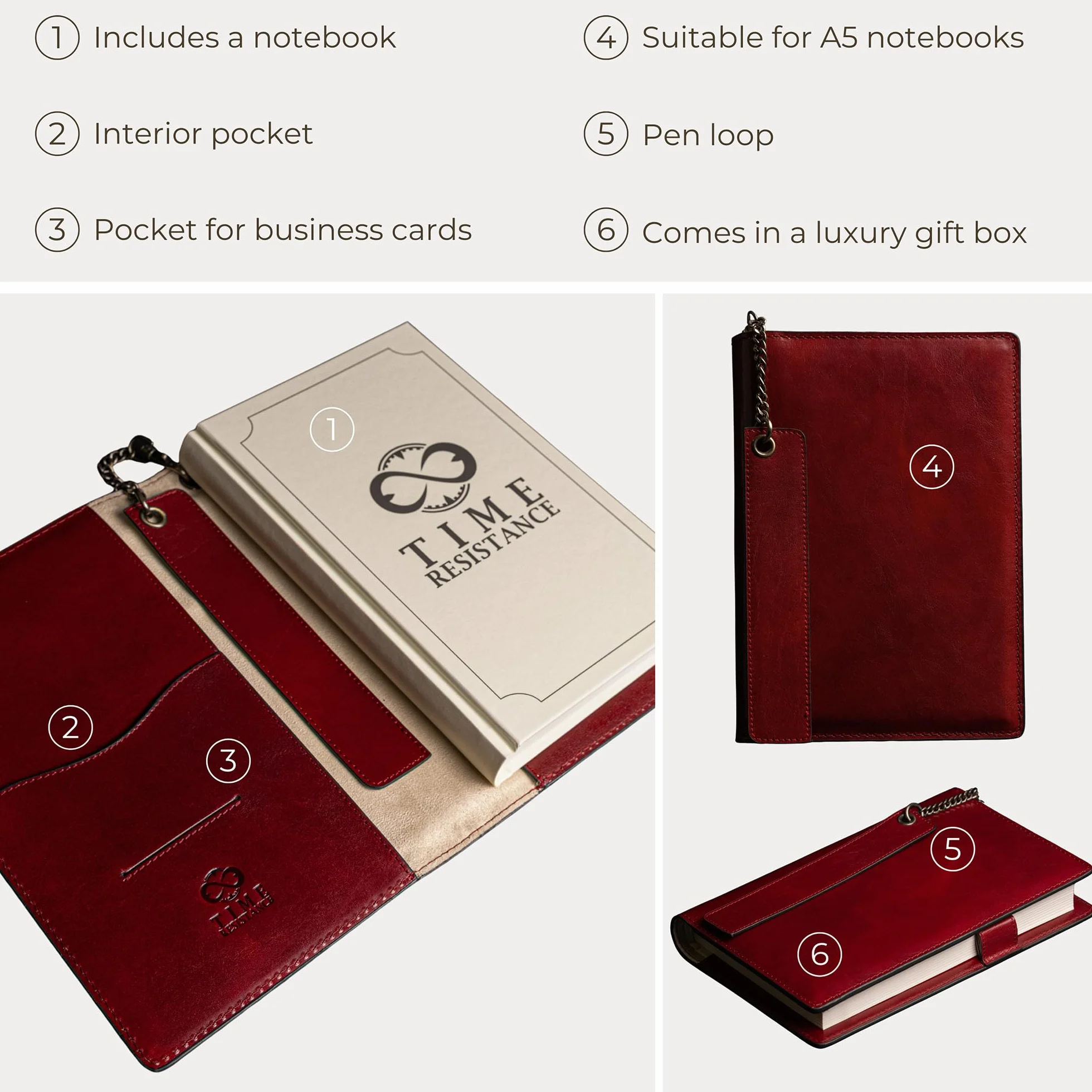 Cuaderno de Cuero Estilo Vintage Tamaño A5 Rojo