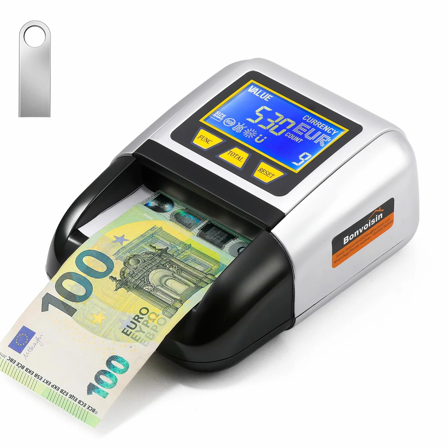 Bonvoisin Detector de Billetes Falsos, Comprobador Billete UV/IR/MG, Portátil Detector con Función Valor Total, Batería Recargable, 4 Orientaciones, Compatible EUR/USD/GBP Etc., Pantalla LCD (A)
