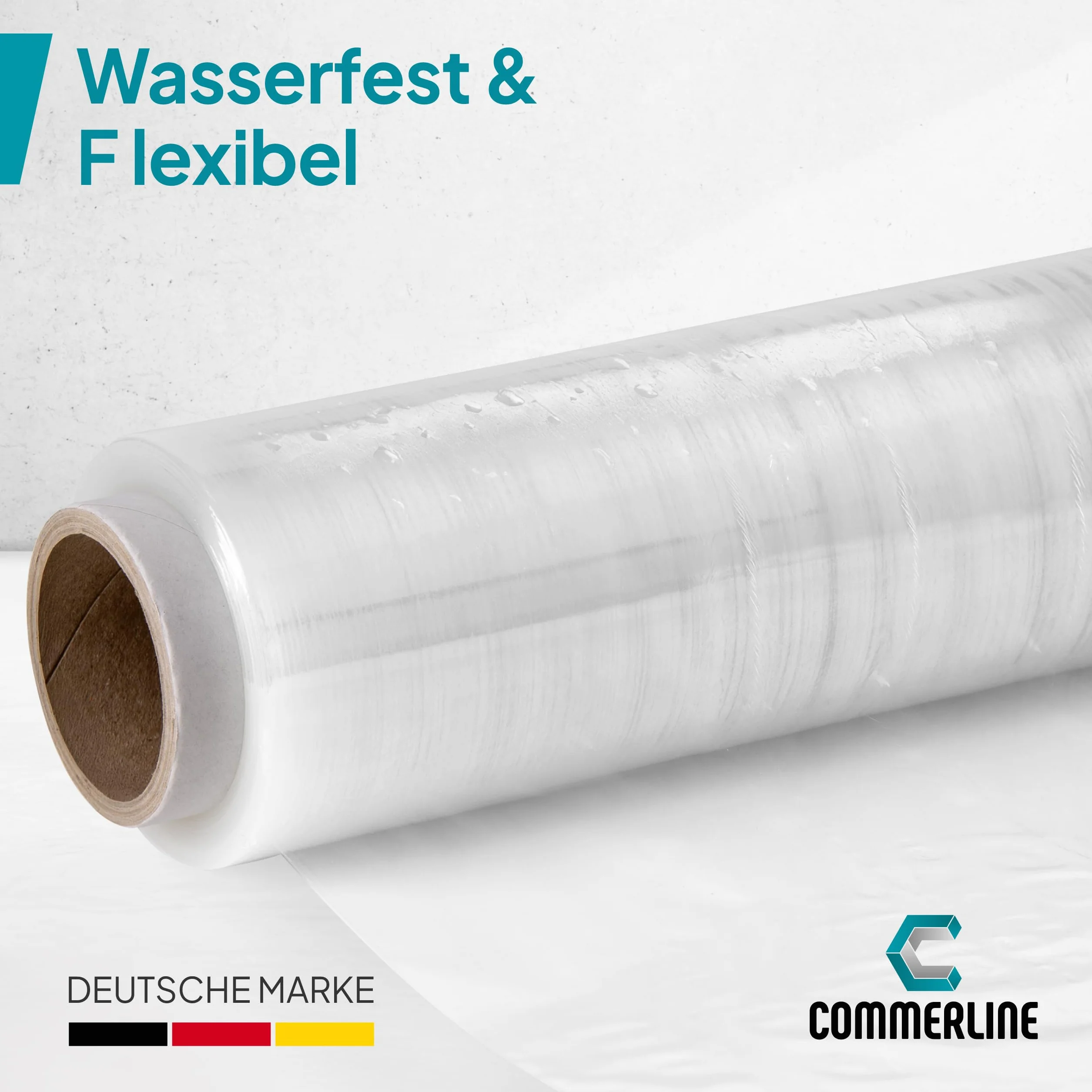 Commerline Film Estirable Transparente 50 cm 2000 g | 3 Rollos | Film de Embalaje Profesional para Mudanzas, Muebles y Cajas | Resistente y de Alta Calidad | Rollo de lámina de embalaje, película de mudanza para muebles, lámina para palés, 300 m de longit