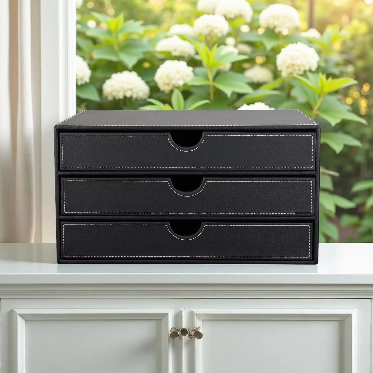 Caja de escritorio de piel con 3 cajones A4, organizador de oficina