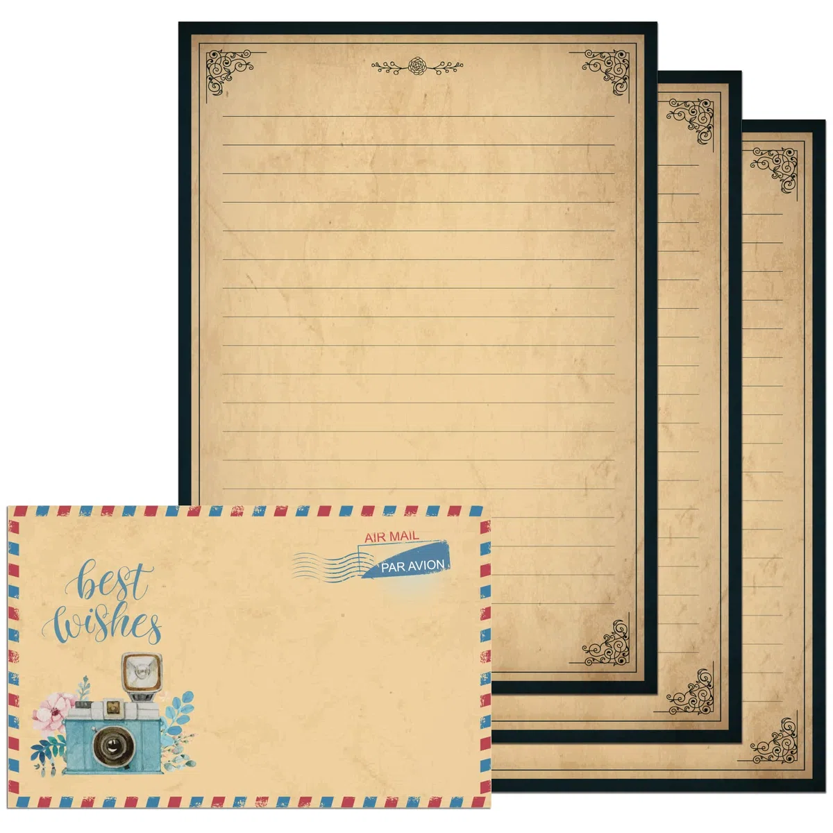 Papel de papelería vintage rayado, 18 x 26 cm, juego de papel y sobres, 48 hojas + 24 sobres, juego de papelería para escribir cartas para todas las ocasiones