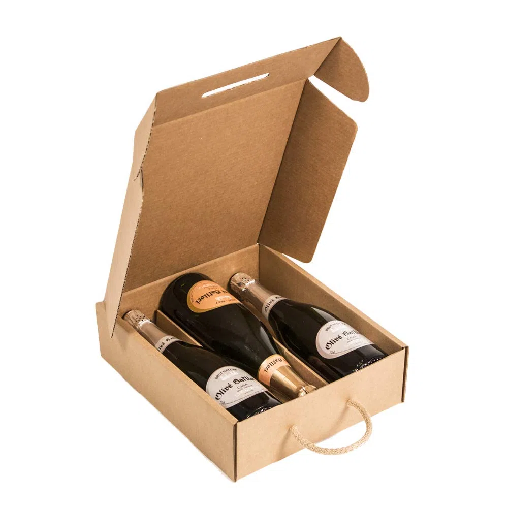 Only Boxes, Estuche para 3 botellas, Caja de cartón para cava o champagne, Caja de color kraft, 4 Unidades