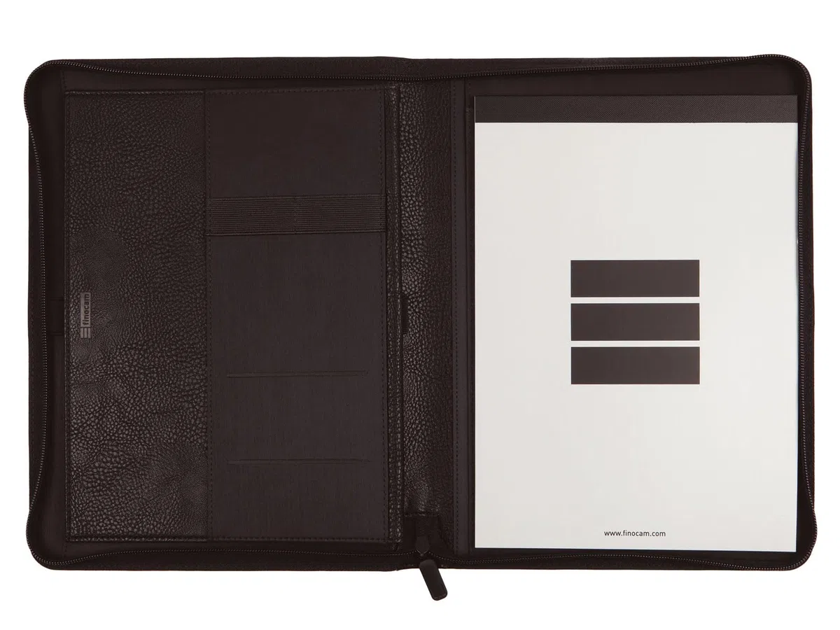 Finocam - Portadocumentos A4 FOCUS - Negro | Poliuretano de alta calidad | Portafolio con Cremallera - Portaboligrafo y bolsillo interior para tablet | Equipado con bloc de notas