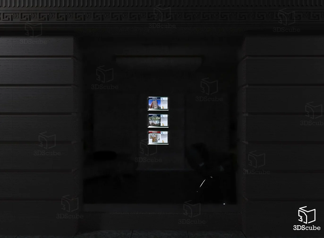 Expositor con cables luminosos de una cara para escaparate, Evo LED KIT 1 x 3 con carpetas luminosas de metacrilato formato A4 horizontal, porta anuncios para agencias inmobiliarias, estudios