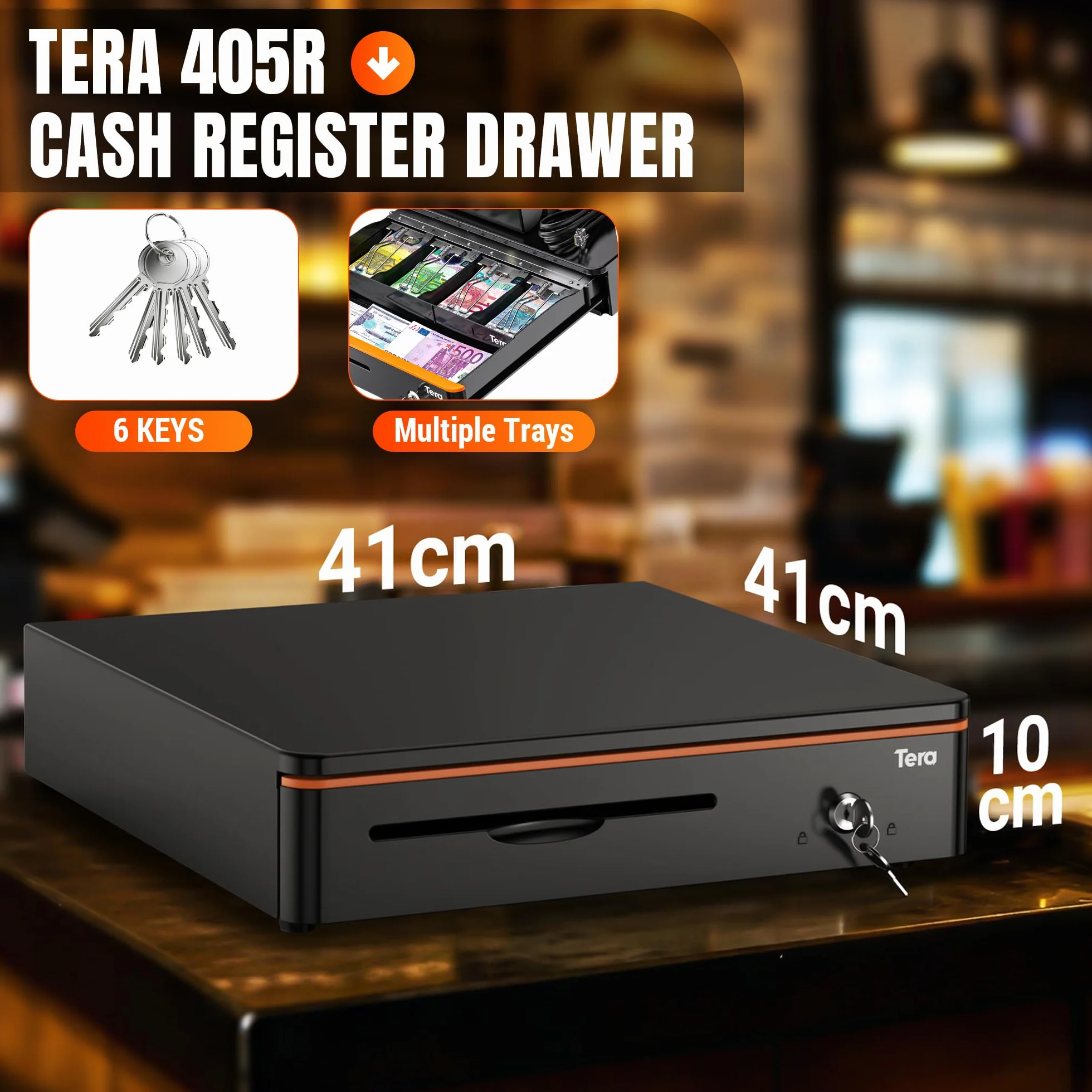 Tera Cajón Portamonedas Caja Registradora con Cerradura 40,5x40x10,2 cm 5 Compartimentos Modelo 405R