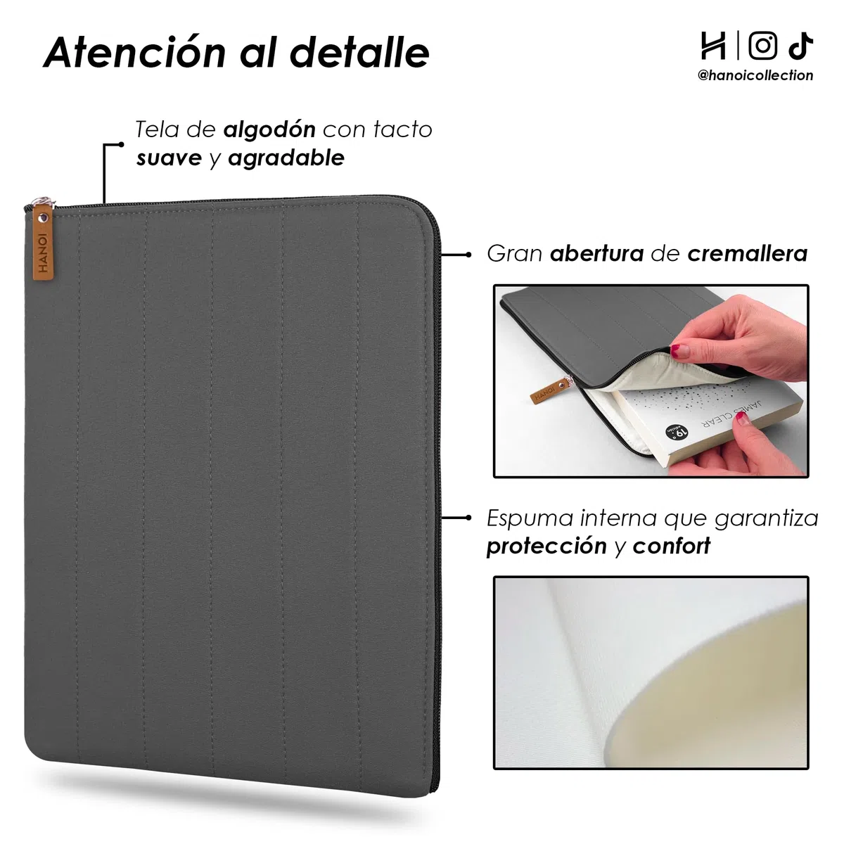 Lisboa™ Funda para libros con cremallera acolchada. Funda de libro acolchada grande. Funda protectora de libros de lectura (Gris Oscuro, Grande)