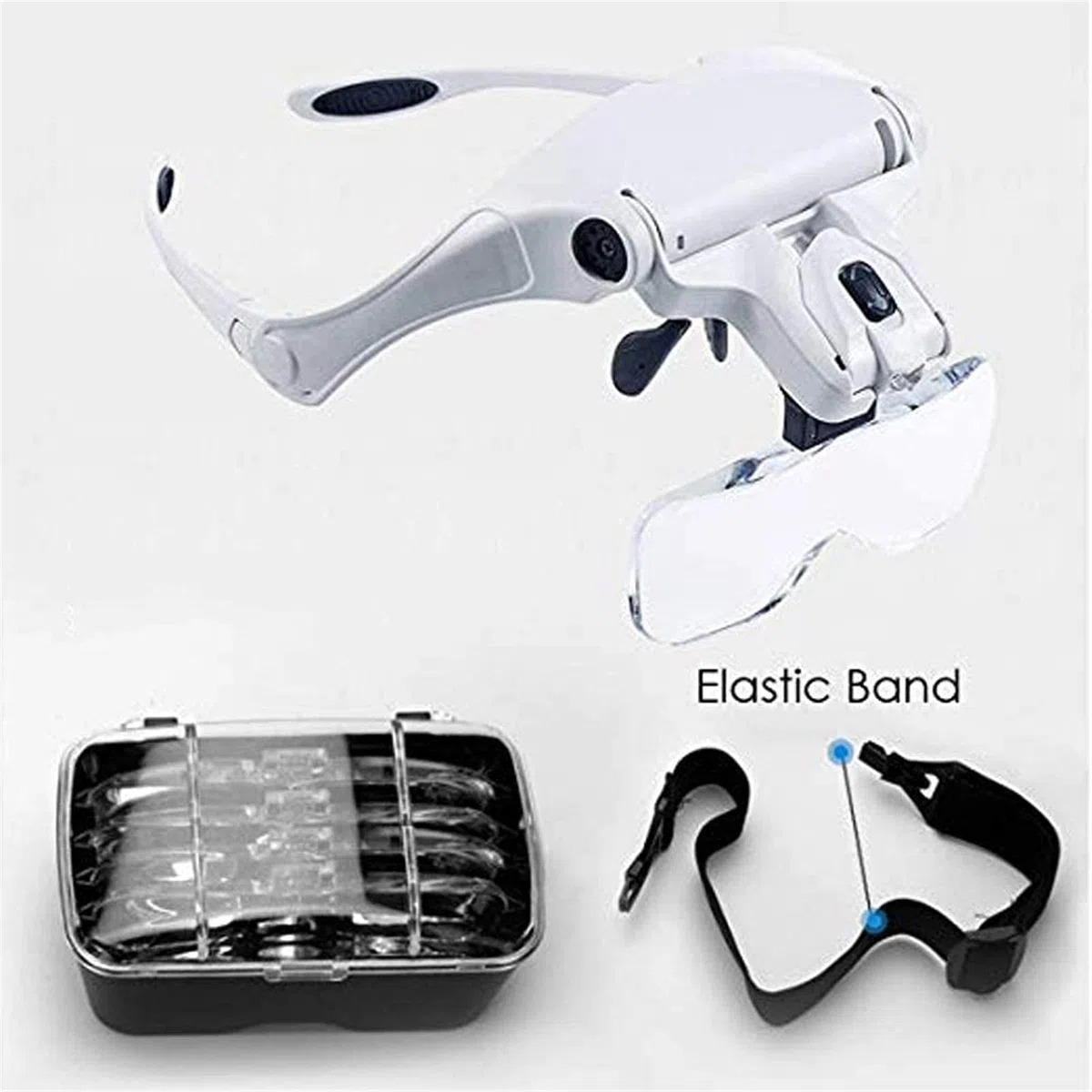 EUQKKWLOY Lupa de Diadema con Lentes Intercambiables, Lupa Digital de Mano, Lupa de Diadema con 2 Luces LED - Lupa de Lectura Manos Libres con Soporte para la Cabeza y 5 Lentes reemplazables