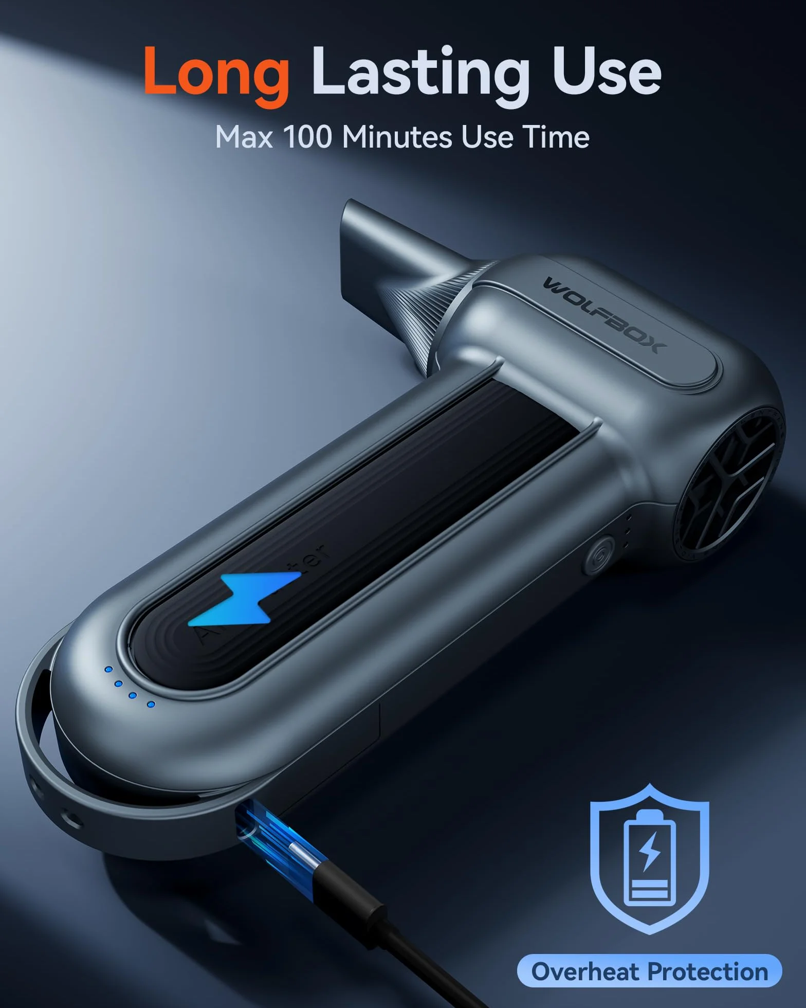 WOLFBOX MF100 plumero eléctrico de aire-150000RPM Super Power inalámbrico plumero de aire, motor sin escobillas recargable, 3-Gear ajustable soplador de polvo para el ordenador, teclado, casa y coche