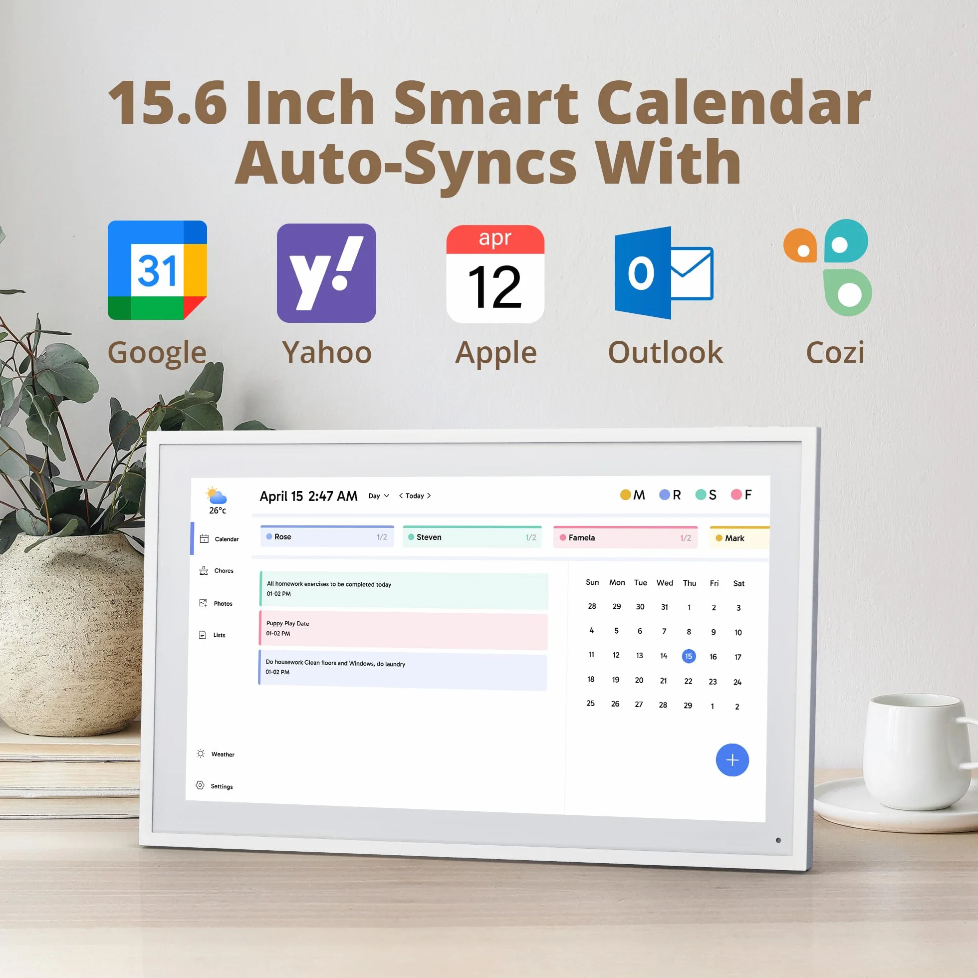 Dragon Touch Calendario digital de pared de 15.6 pulgadas, 1920 x 1080 FHD, calendario de pared electrónico, planificador familiar con memoria de 32 GB y soporte de pared, pantalla táctil, calendario