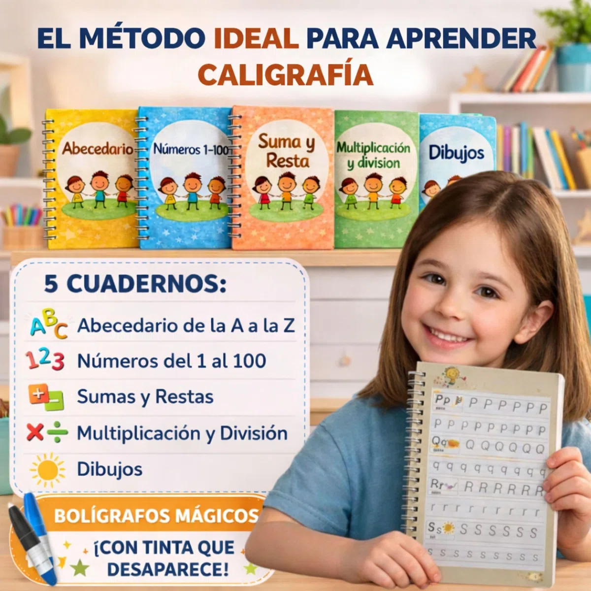 Caligrafia Niños de 4 hasta 8 Años - Cuaderno Caligrafia Infantil Aprender a Escribir y Dibujar - 5 Libros Magicos de Escritura Trazado de Lineas -Incluye Boligrafos Magicos, 20 Recambios y un Estuche