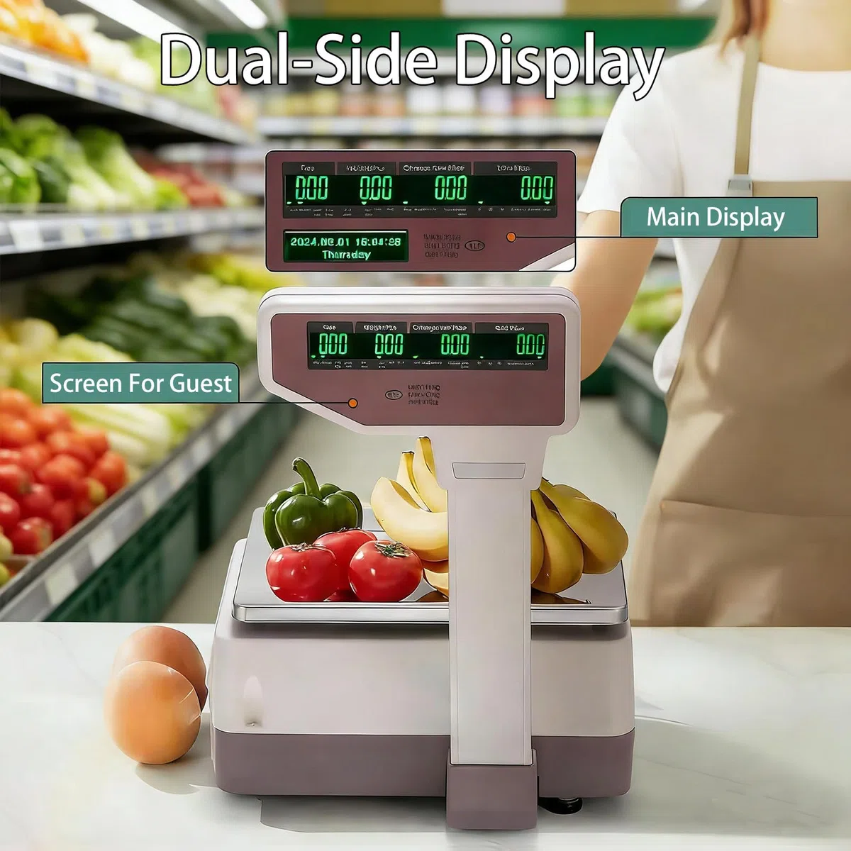 Báscula Comercial con Ticket, Báscula Digital de Alta Precisión 10g, Pantalla Doble Cara, 63 Teclas, para Supermercados y Comercios