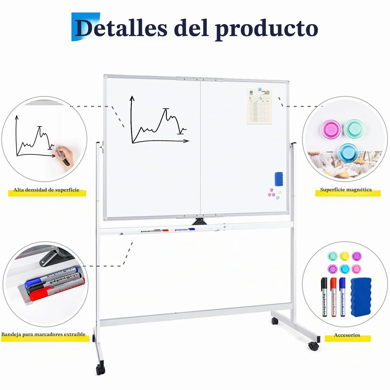 Maxtek Pizarra Blanca con Ruedas 120x90 cm Doble Cara Marco Aluminio Magnética Móvil