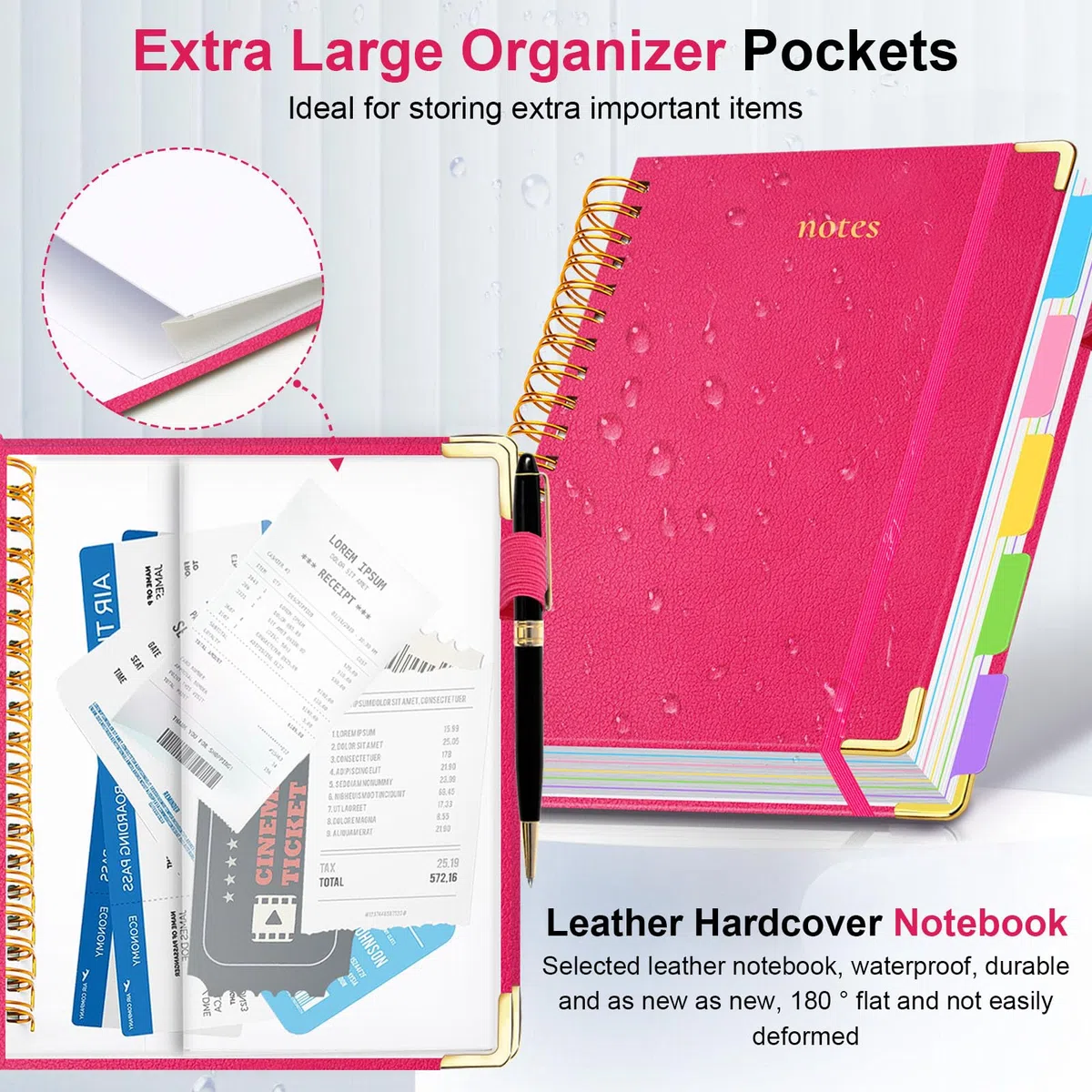 Cuaderno en espiral de tapa dura de 6.2 x 8.2 pulgadas, con pestañas y separadores extraíbles, 300 páginas, cuaderno de 5 asignaturas, cuaderno de rayas universitarias, cuaderno de piel sintética con
