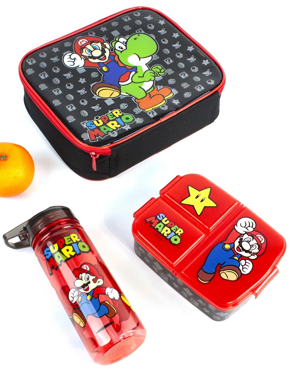 Super Mario Lunch Box Set for Kids | Yoshi Childrens School Food Bag, BPA Free Water Bottle 580ML & Snack Pot | Gamer Merchandise Gifts One Size