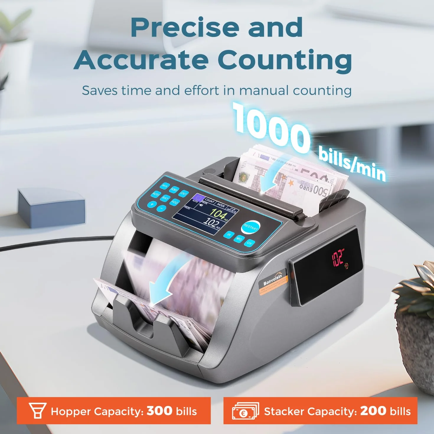 Bonvoisin Máquina Contadora de Dinero, Euro UV/MG/IR/MT/DD Detección de Falsificaciones, Clasificación por Denominación y Recuento de Valor Mixto, Modos Añadir y Lote, 1000 Billetes/Min (EU)