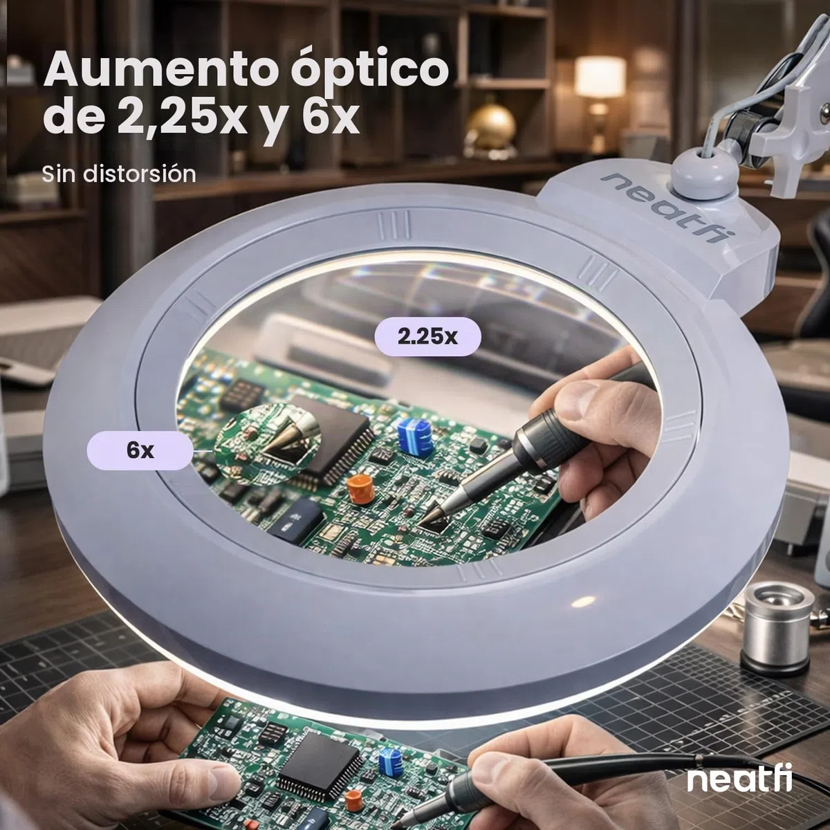 Neatfi XL Lámpara Lupa LED Bifocal – Lente Acrílica de 18 cm, Aumento 2,25X y 6X, 1.600 Lúmenes Regulables | Brazo Ajustable | Ideal para Manualidades y Lectura (Blanco, con Base)