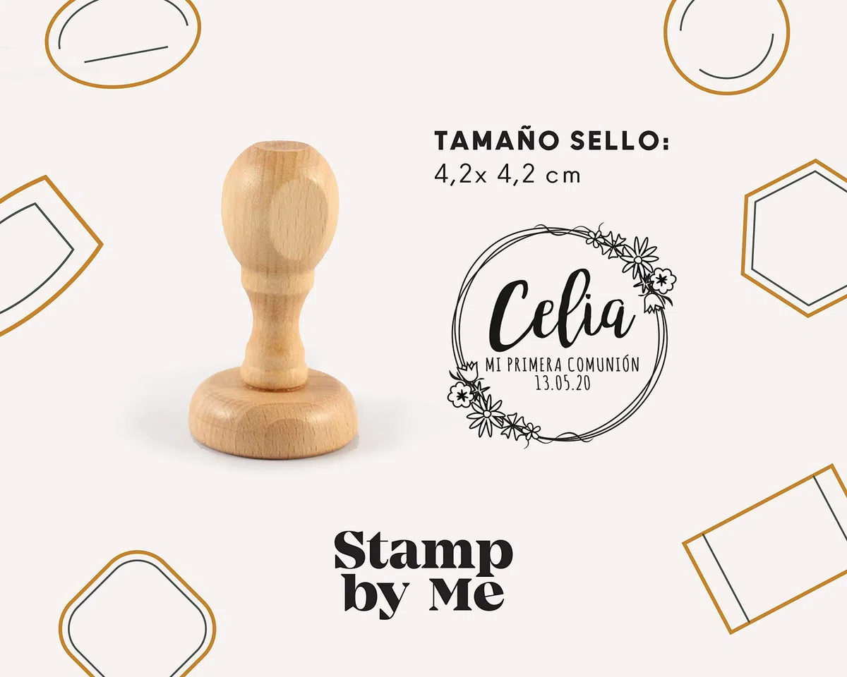 Stamp by Me | Sello Personalizado para Comunión | 4 Diseños | Sello de Madera | Sello de Comunión | Ideal para Sobres e Invitaciones | Con Tampón de Tinta Opcional | Nombre y Fecha | Corona Flores