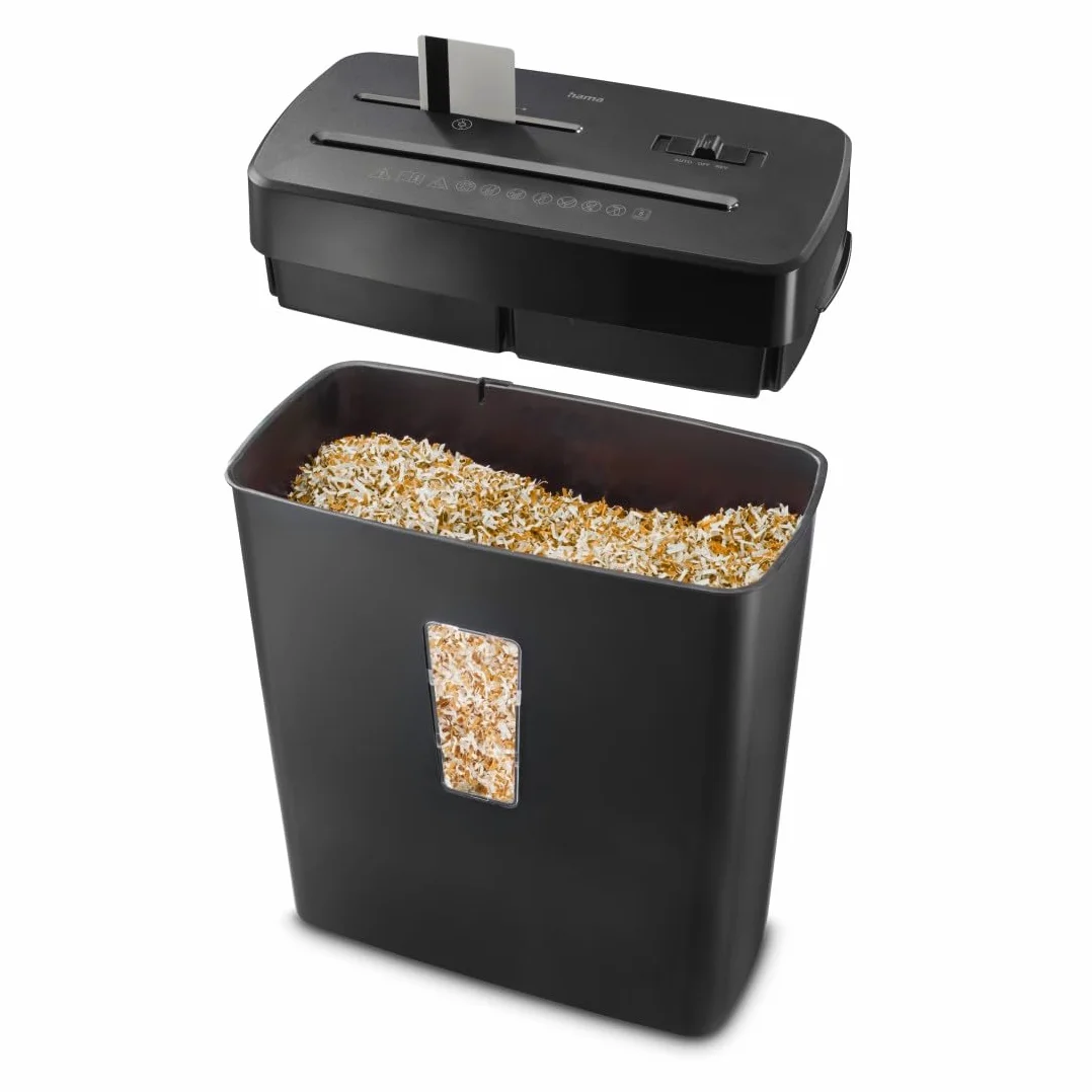 Hama |Trituradora Papel Nivel Seguridad E-2,O-1,P-5,T-2, Negro | Destructora Papel, 31x16,4x38cm, Niv Ruido: 68db, Velocidad: 2,5m/min, 15mm Corte, 5 Hojas A4, Tarjetas crédito, Grapas