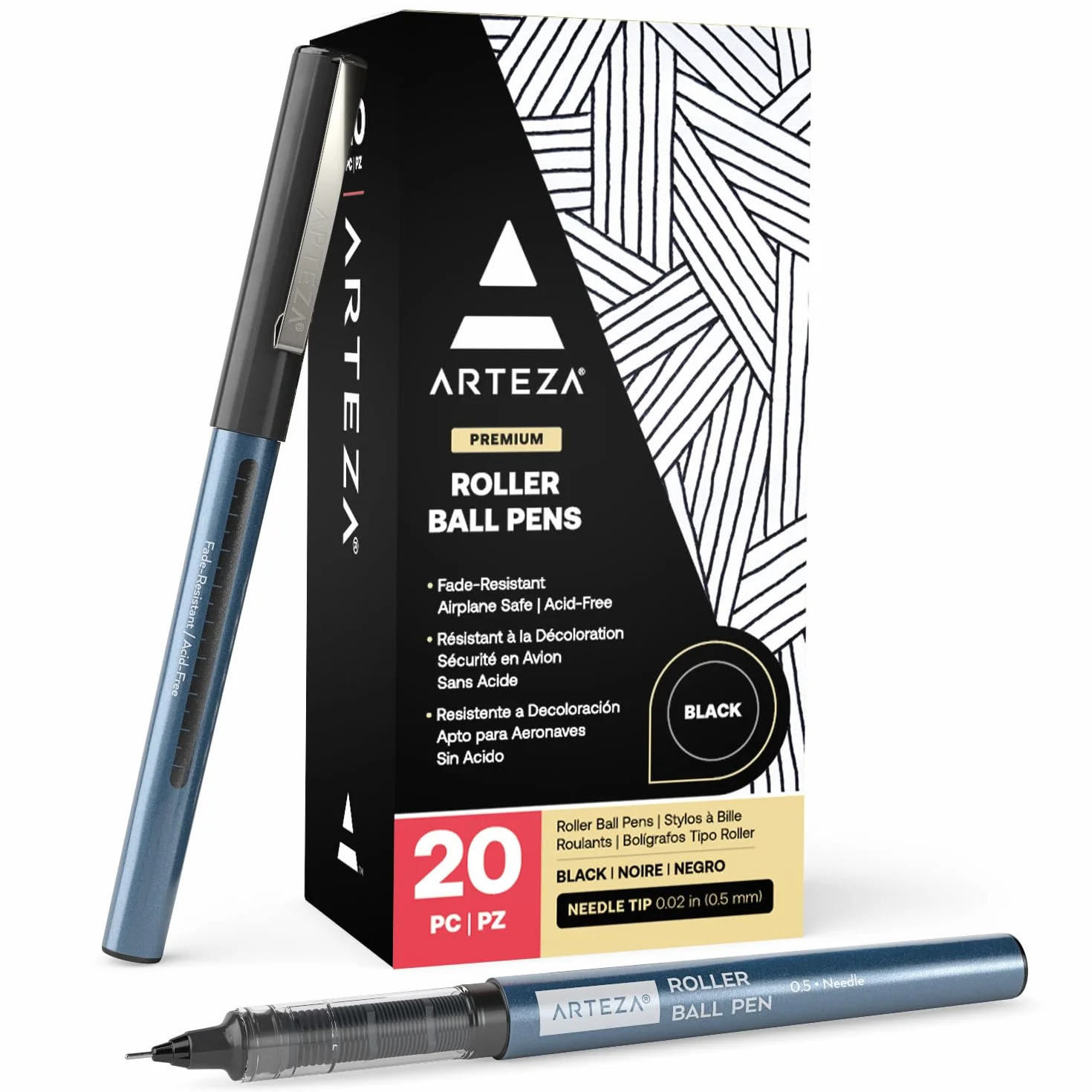 ARTEZA Bolígrafos de punta fina, paquete a granel de 20 bolis negros de tinta líquida con punta de aguja extra fina de 0,5 mm para escribir, tomar notas y dibujar con precisión