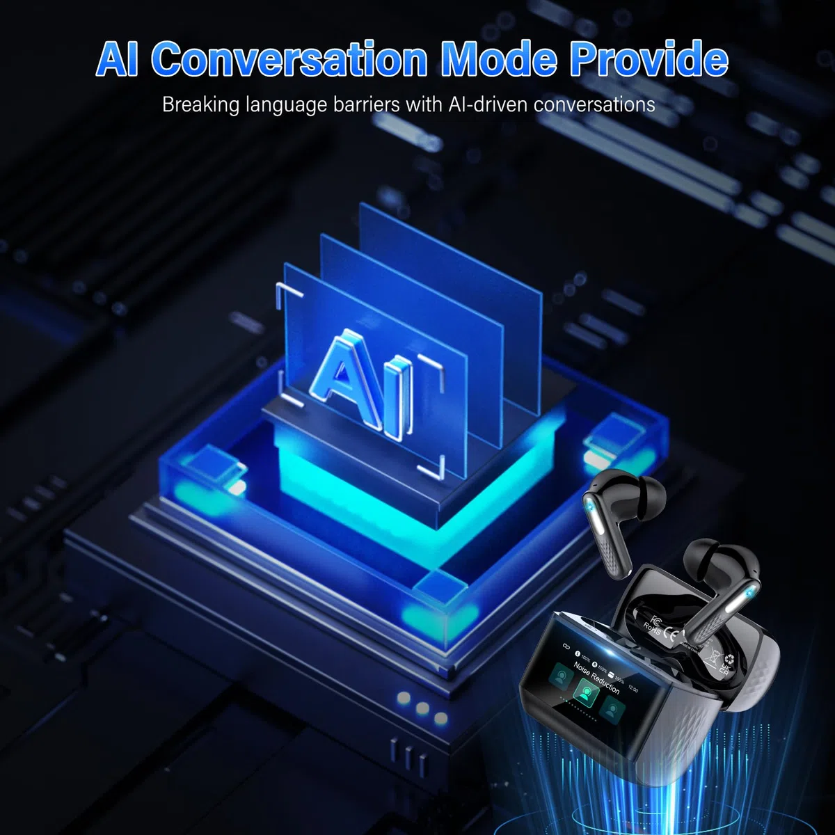 AI Auriculares Traductor en Tiempo Real con Pantalla Táctil LED, 3 en 1 Auriculares Traductores de Idiomas, 6 Modos Traducción con 164 Idiomas, Reducción de Ruido ANC+ENC, 5 Modos EQ, 48H, Negro