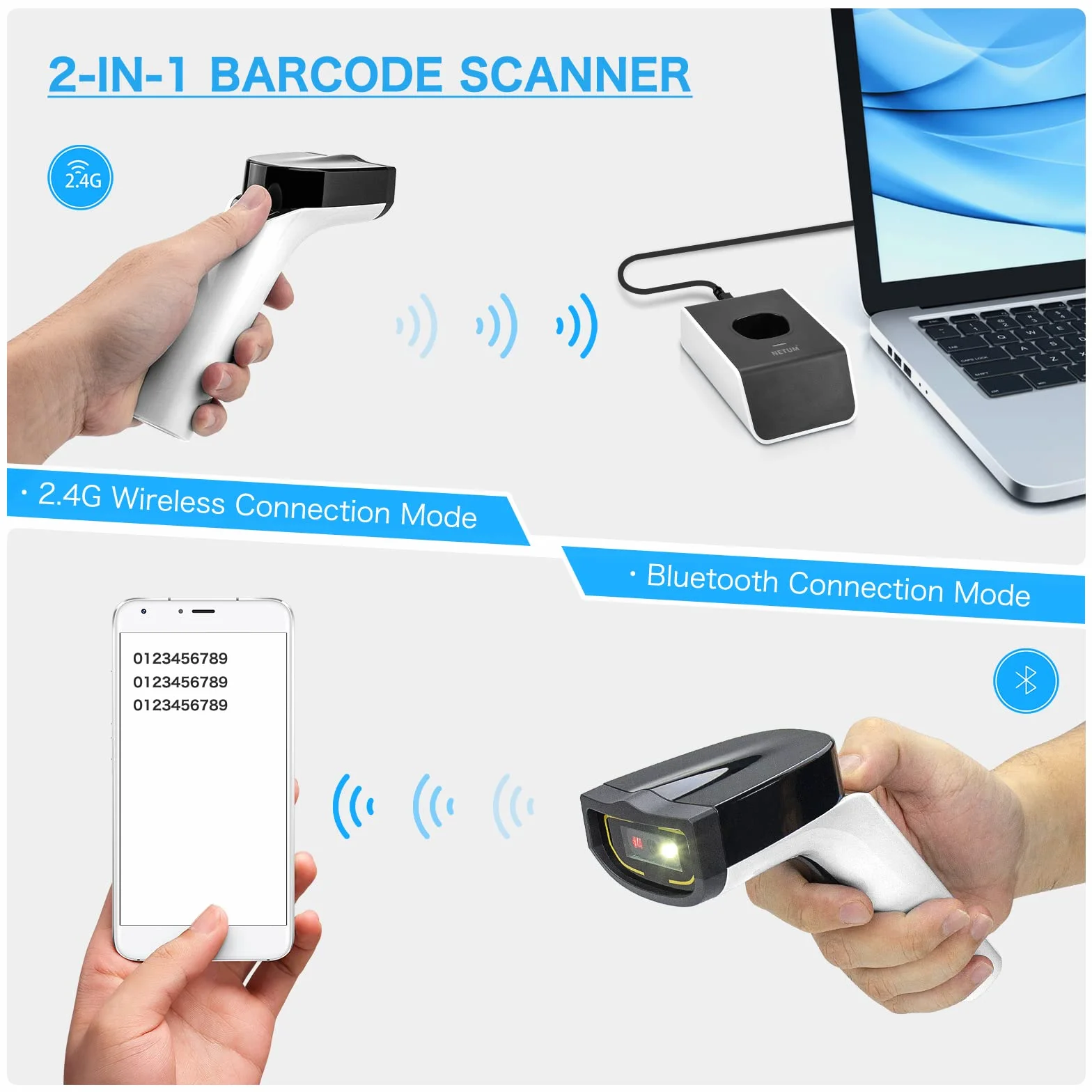 NETUM Escáner de Código de Barras Inalámbrico Bluetooth con Base de Carga Pistola de Escaneo de Detección Automática Funciona con Mac OS, Windows, iOS, Android - DS7500 (Blanco) | Con base de carga y memoria integrada, escaneo automático, rápido y preciso
