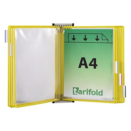 Djois, 414104 - Expositor de Pared Metálico A4 con 10 Fundas con Pivotes Metálicos - Sistema Tarifold Antirreflejo para Oficina, Industria, Almacén, Taller y Consulta de Documentos - Amarillo